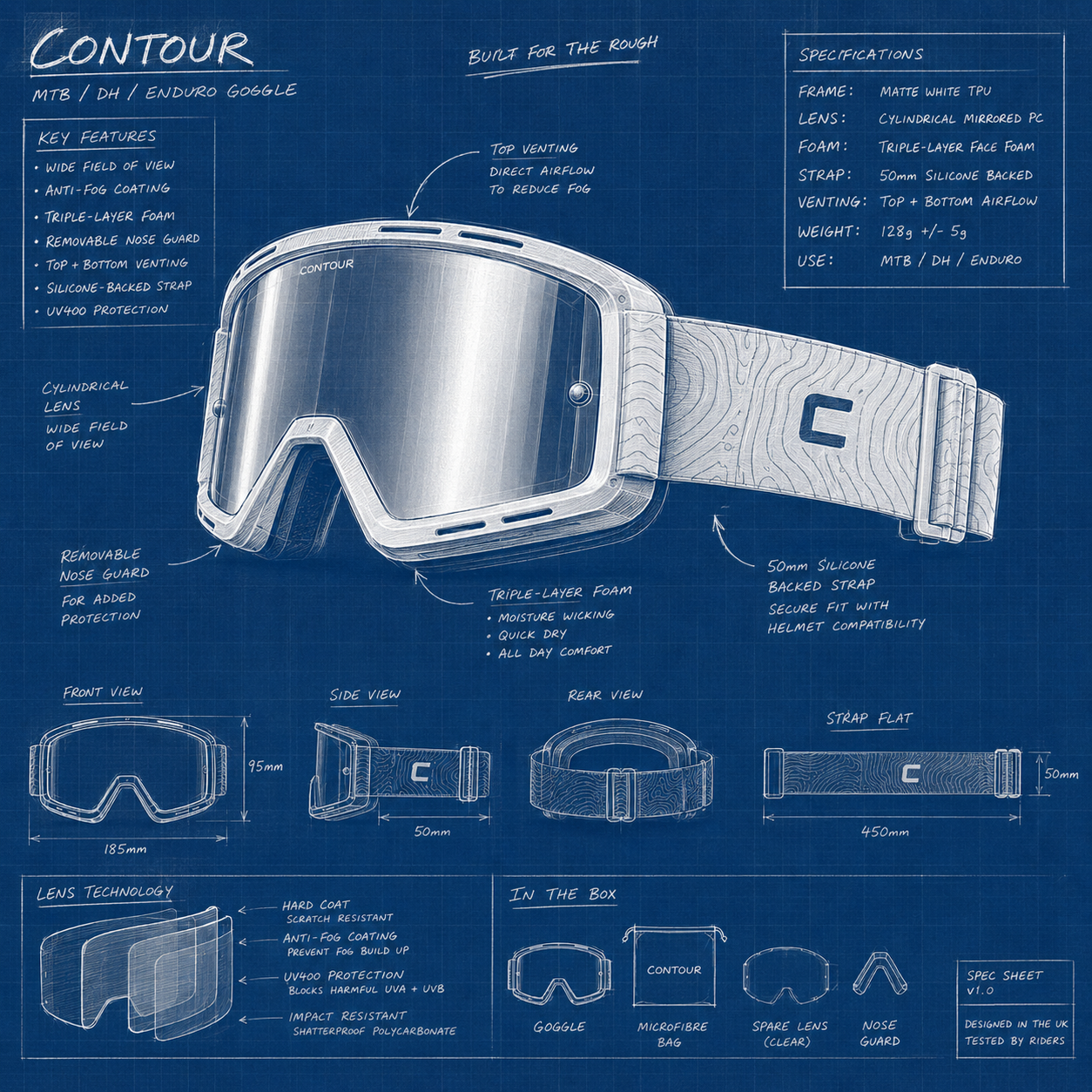 CONTOUR MTB goggle technical blueprint drawing